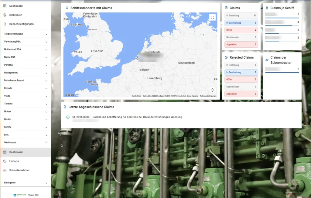 Dashboard des Werftmoduls mit Schiffsstandorten, offenen Feststellungen und Auswertung je Schiff und Subunternehmer
