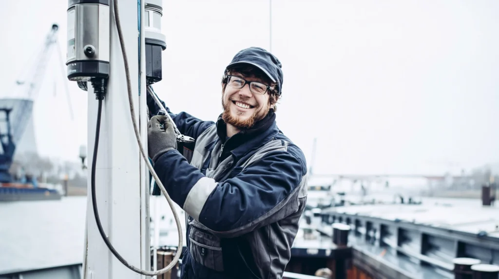 Servicetechniker montiert einen Sensor am Mast eines Binnenschiffs im Hafen