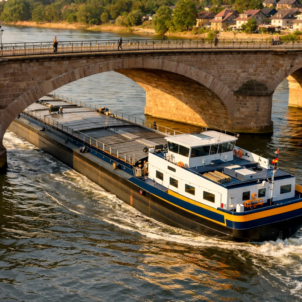 Gütermotorschiff mit BridgeSecure passiert eine historische Bogenbrücke