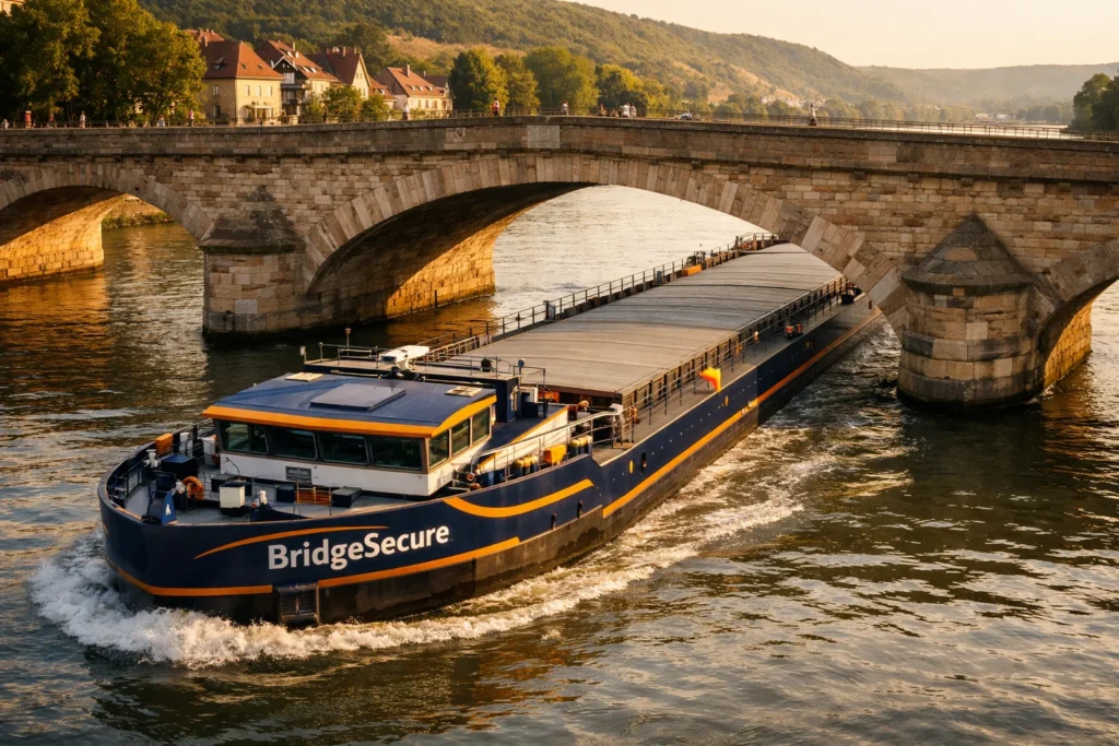Tankmotorschiff mit BridgeSecure-Schriftzug bei der Brückendurchfahrt