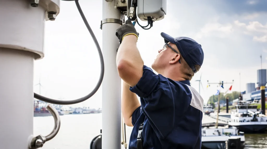 Techniker verkabelt einen Höhensensor am Signalmast eines Binnenschiffs