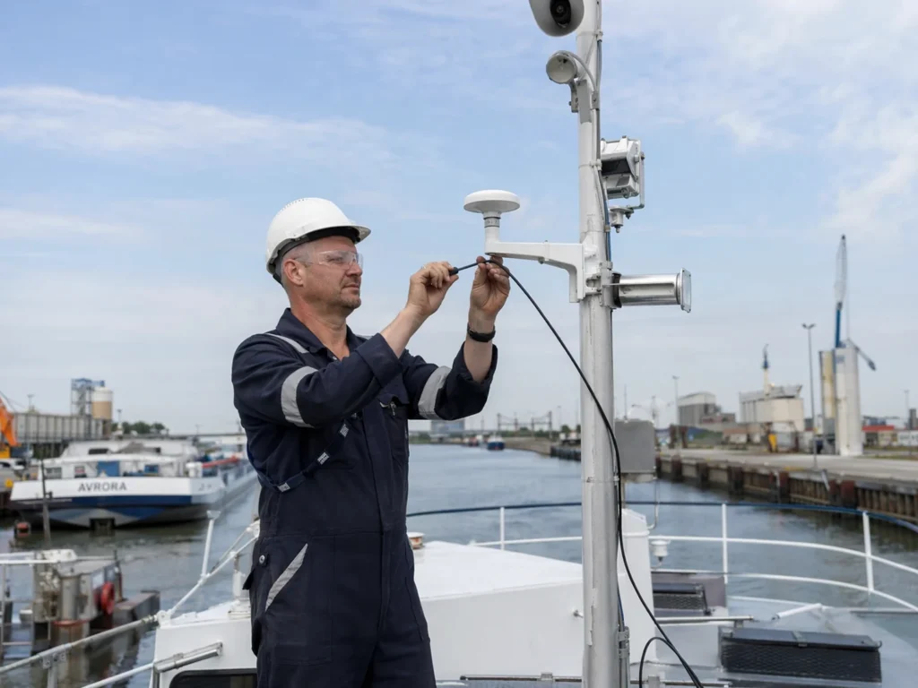 Techniker richtet die GPS-Antenne eines Binnenschiffs ein
