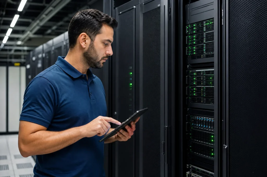 Techniker prüft einen Serverschrank in einem deutschen Rechenzentrum