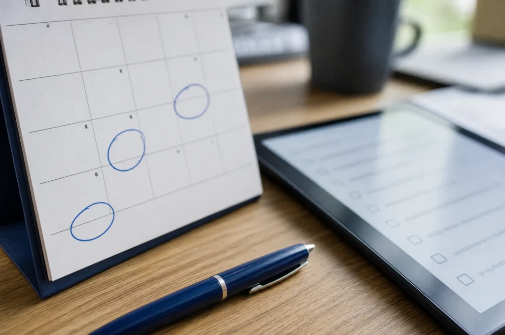 Wandkalender mit markierten Fristen neben einem Tablet mit Checkliste