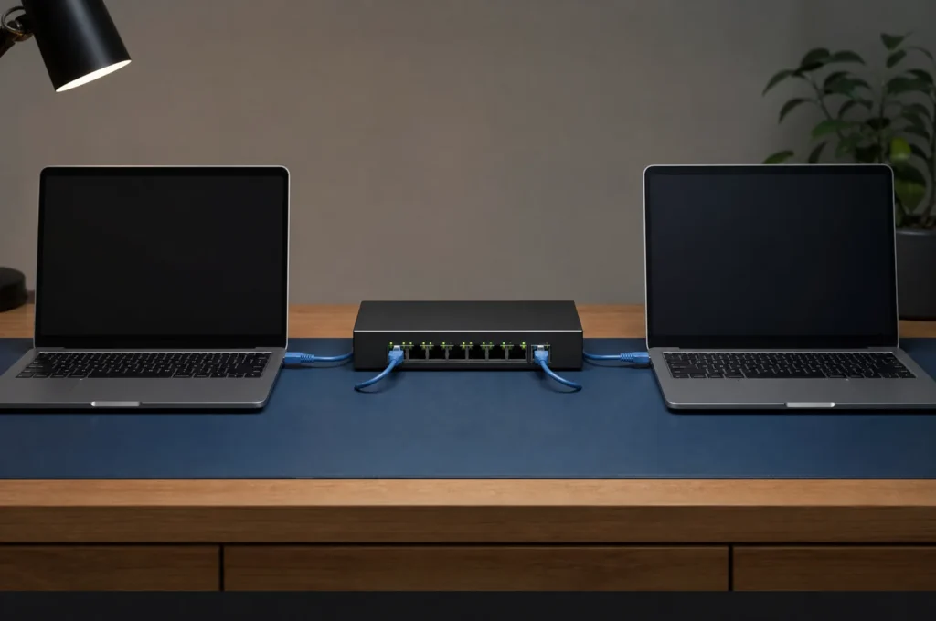 Zwei Laptops über einen Netzwerkswitch verbunden