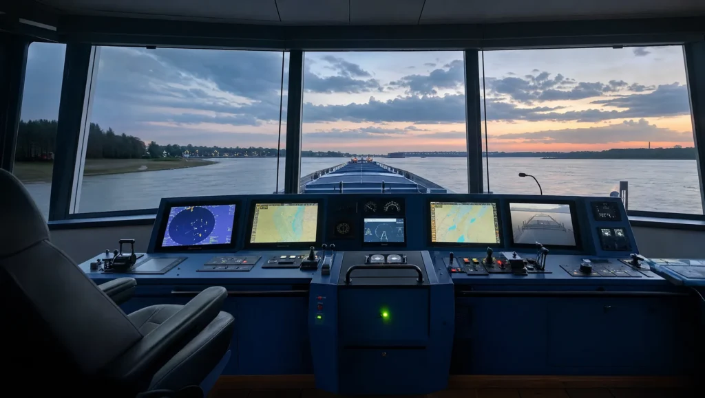 Modernes Steuerhaus eines Binnenschiffs mit Navigationsanzeigen und Blick auf den Fluss