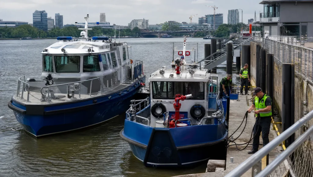 Polizeiboot und Feuerlöschboot an einer Flussstation, Besatzung bereitet Ausrüstung vor