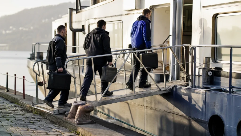 Servicetechniker mit Werkzeugkoffern gehen über die Gangway an Bord