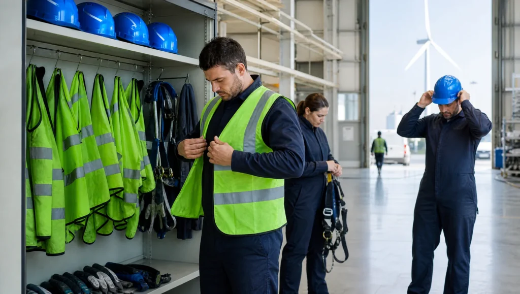 Mitarbeiter eines Windkraft-Servicestützpunkts legen Schutzausrüstung an