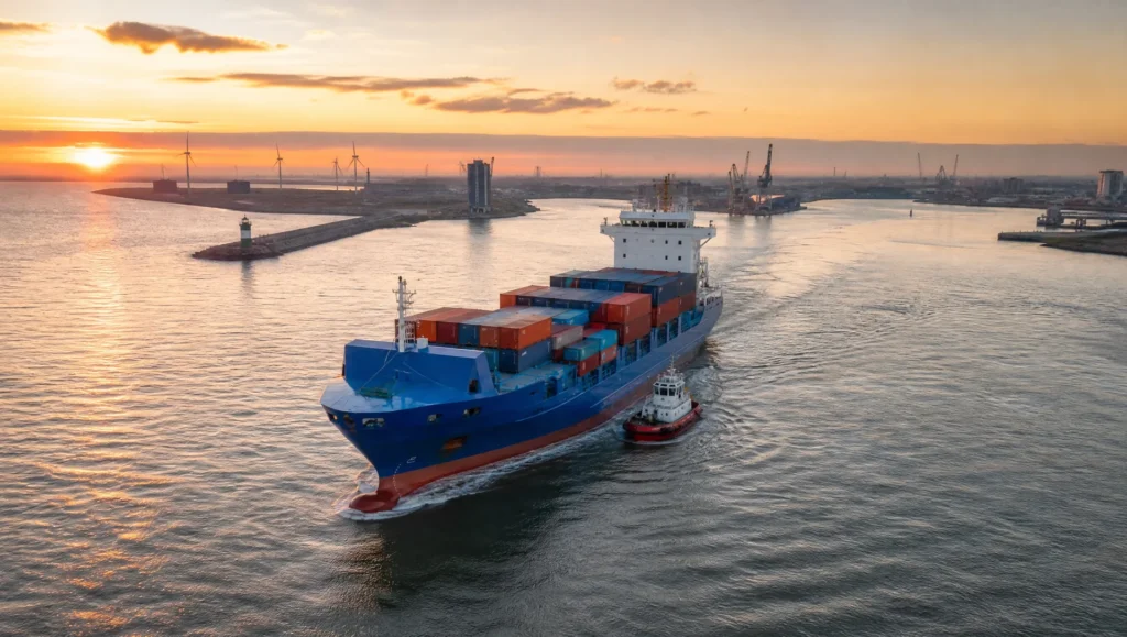 Containerfeeder läuft bei Sonnenaufgang in einen Nordseehafen ein