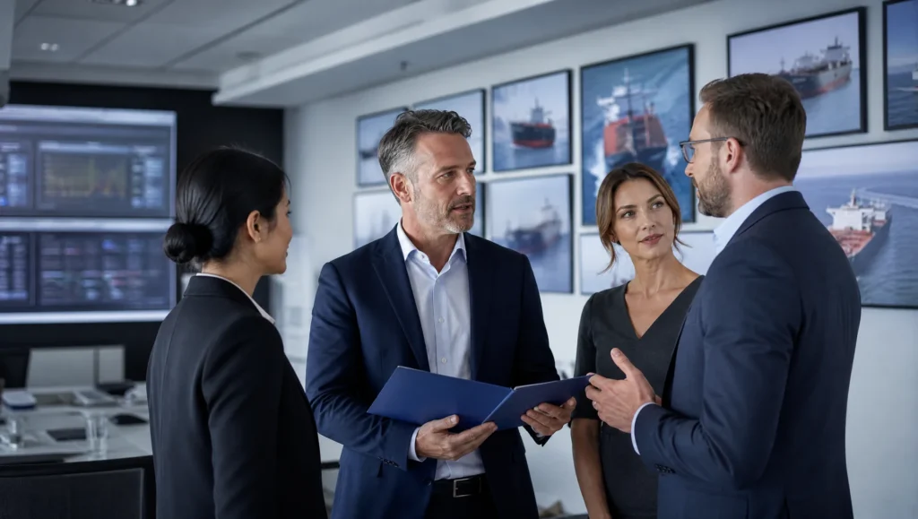 Team eines Schiffsmanagements bespricht Flottenkennzahlen im Büro