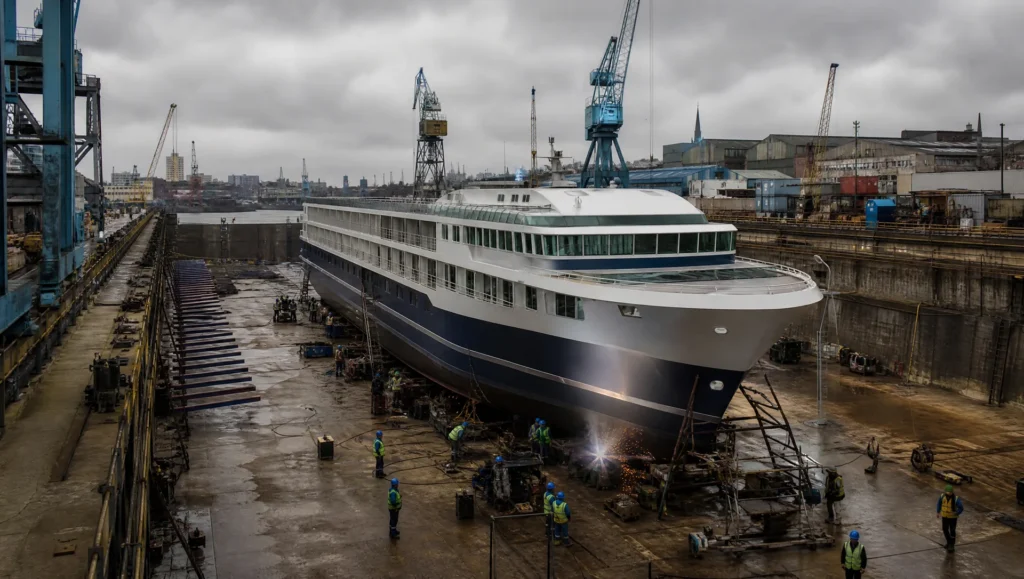 Flusskreuzfahrtschiff im Trockendock einer Werft mit Arbeitern in Warnwesten