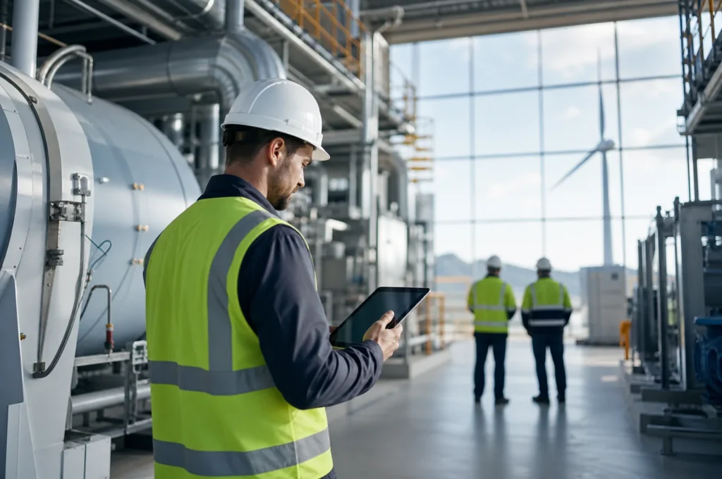 Industriemitarbeiter mit Warnweste und Helm prüft Anlagen mit einem Tablet