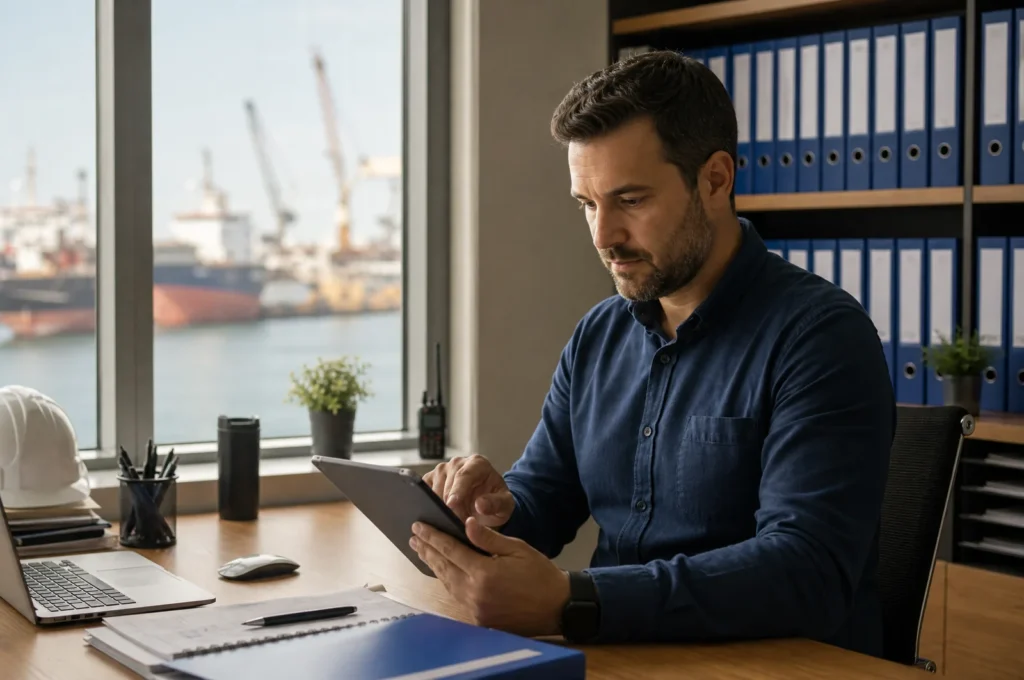 QHSE-Manager prüft Nachweise der Besatzung am Tablet, Ordner im Regal