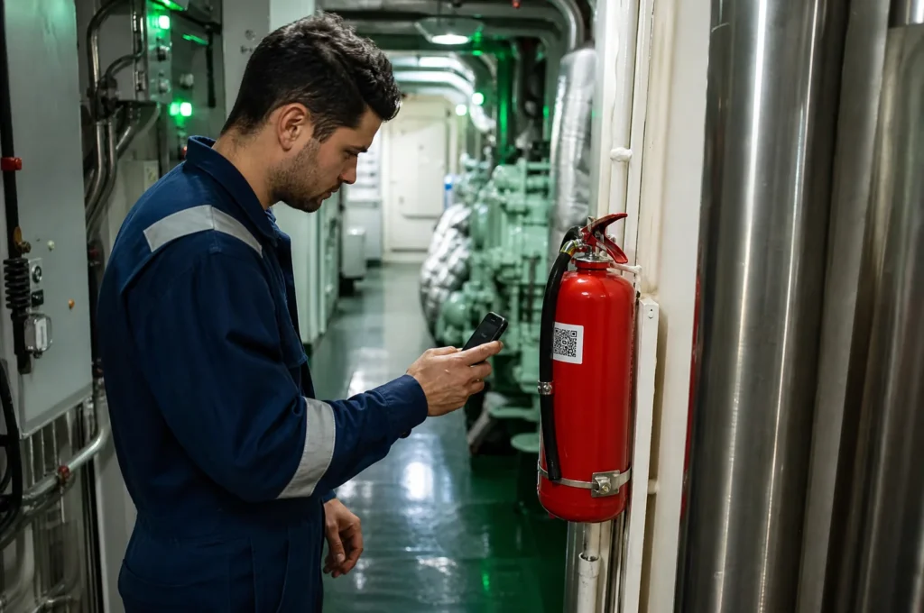 Techniker scannt den QR-Code eines Feuerlöschers im Maschinenraum