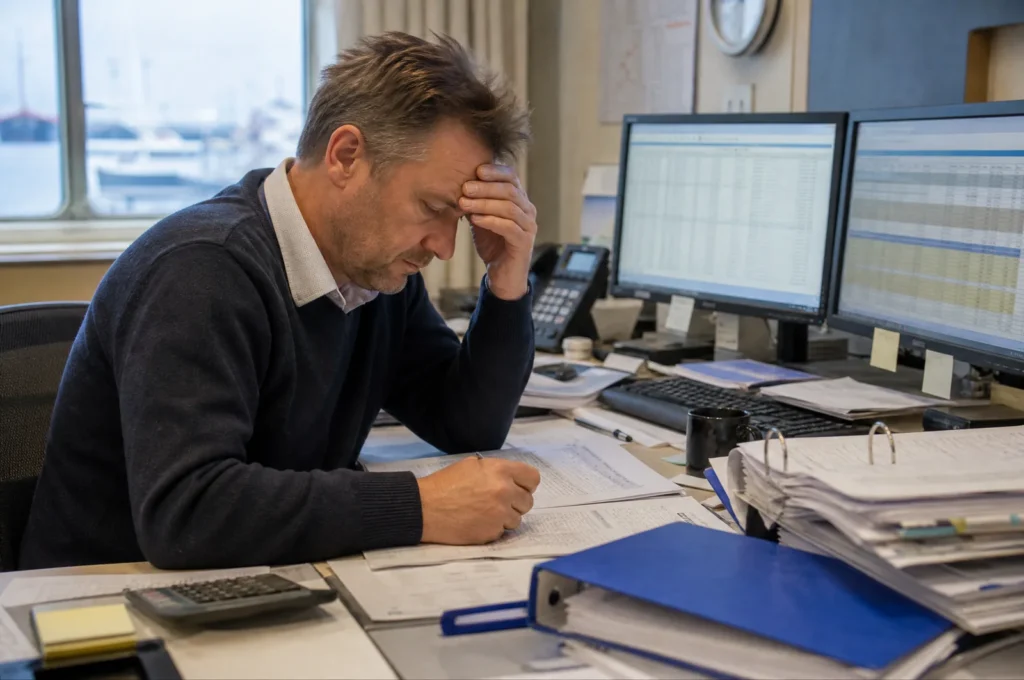 Flottenmanager am Schreibtisch zwischen Papierlisten, Ordnern und Tabellen am Bildschirm